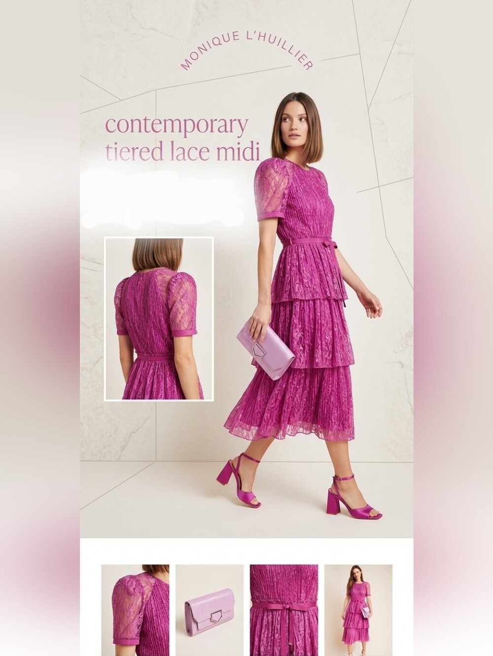 New Monique Lhuillier Tiered Lace Midi Dress in Fuchsia